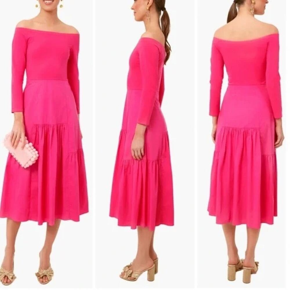 Tuckernuck Marissa Dress Midi Pink Tiered Ruffle Off The shoulder A-Line Party